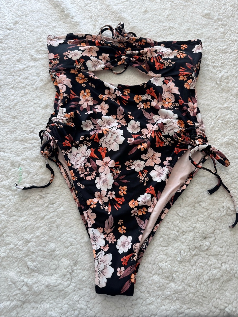 Shade & Shore Black Floral One-Piece Swimsuit with Peach & White Blooms